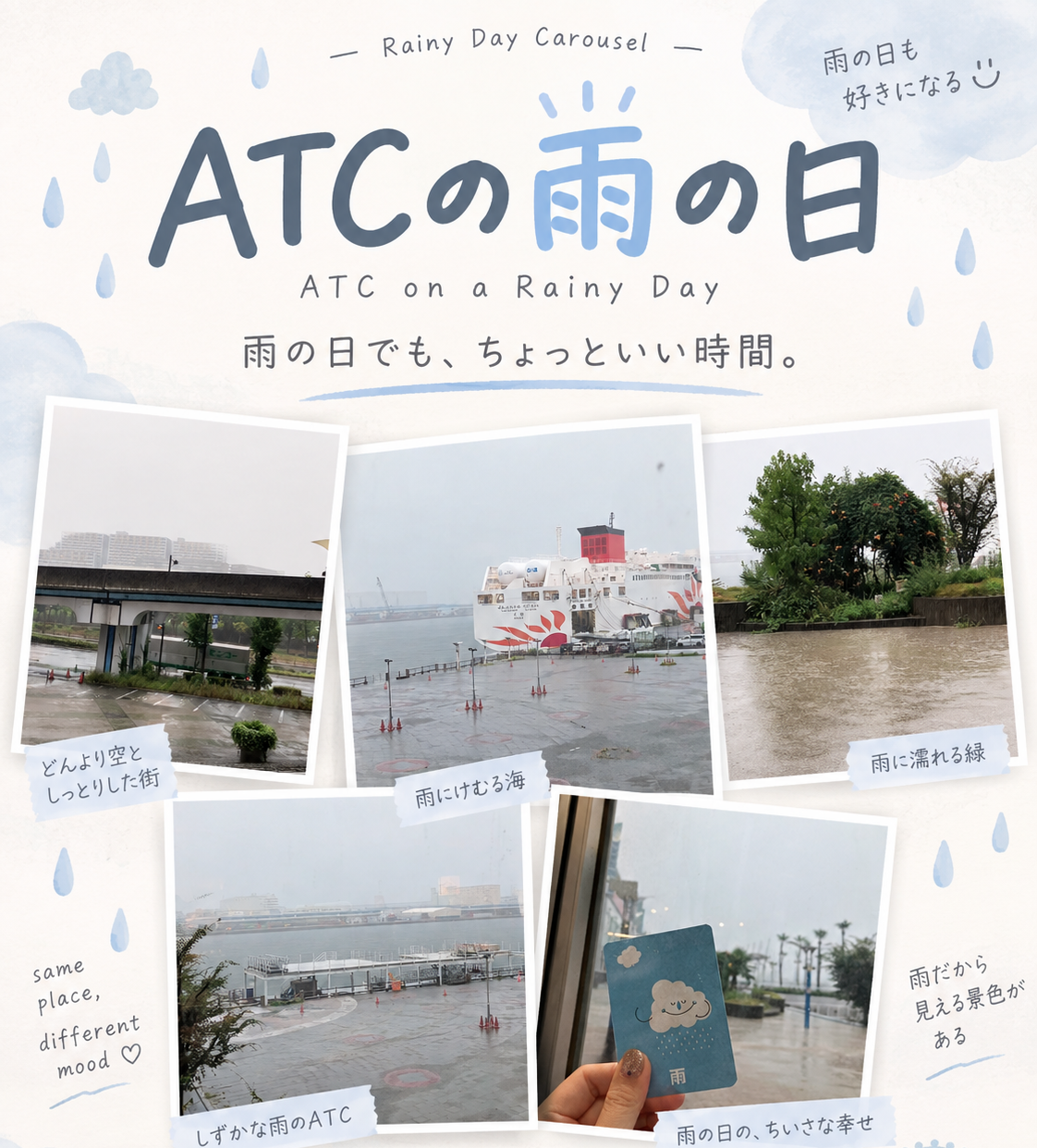 雨の日のATC、けむる海や雨に濡れた緑、静かな館内の様子を集めた写真