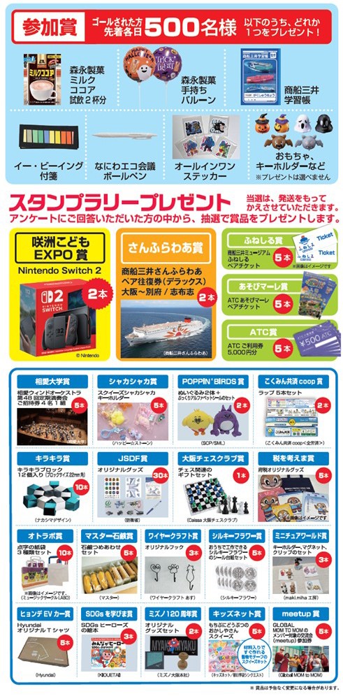 スタンプラリーの参加賞と、アンケートに答えた方の中から抽選で当たる賞品の一覧